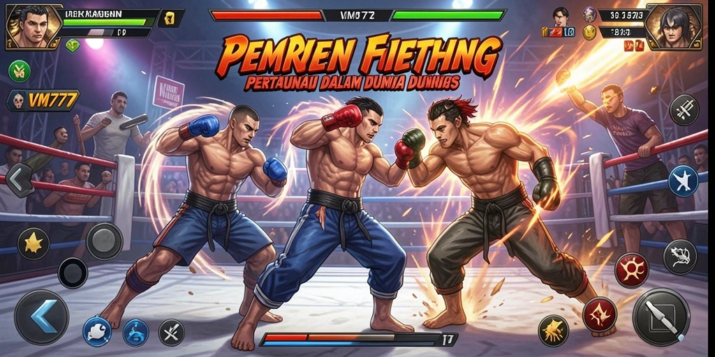 Tampilan gameplay VM777 dengan pertarungan yang intens dan karakter beragam.