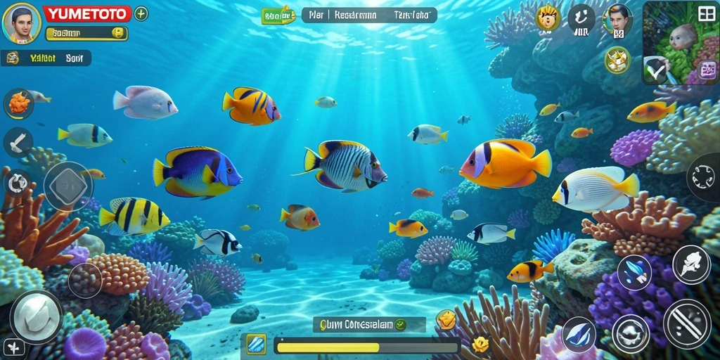 Screenshot YUMETOTO menampilkan aksi menangkap ikan yang seru.